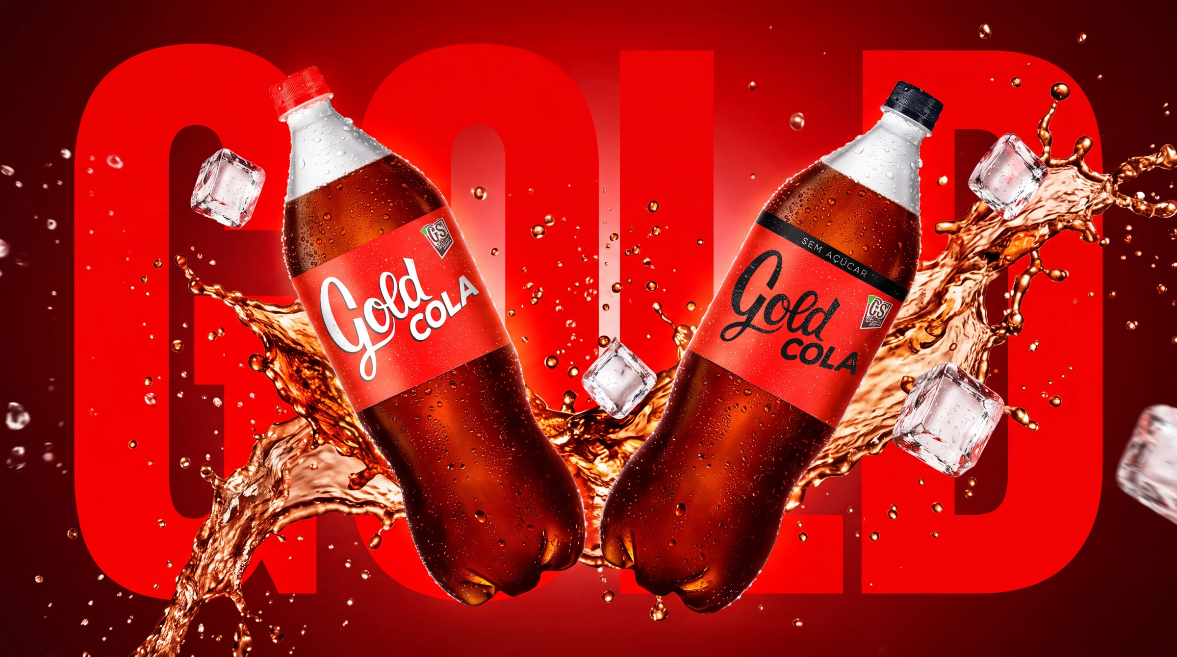 Garrafas Gold Cola tradicional e sem açúcar com os rótulos em uma composição vermelha.